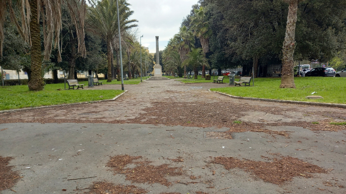Il giardino delle crocerossine, stretto tra la Flaminia e viale Tiziano. Le panchine dove molti abitanti del quartiere vengono a trascorrere le loro pause all’aria aperta all’ombra delle palme sono vuote.