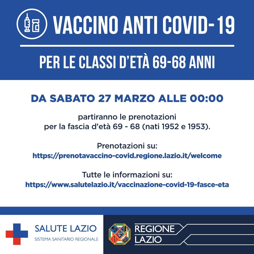 Dal 27 marzo al via le prenotazioni per il vaccino per la classe di età 69-68