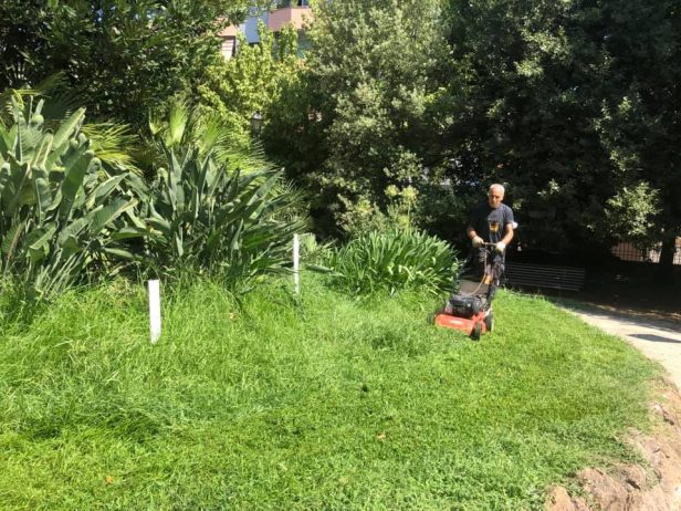 Un cittadino sfalcia l'erba a Villa Leopardi - foto dal gruppo Amici di Villa Leopardi